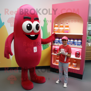 Pink Bottle Of Ketchup mascot costume character dressed with a Long Sleeve Tee and Watches