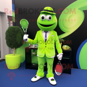 Lime Green Tennis Racket mascot costume character dressed with a Suit Jacket and Digital watches