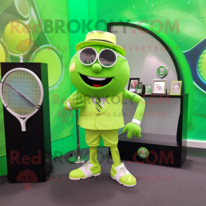 Lime Green Tennis Racket mascot costume character dressed with a Suit Jacket and Digital watches