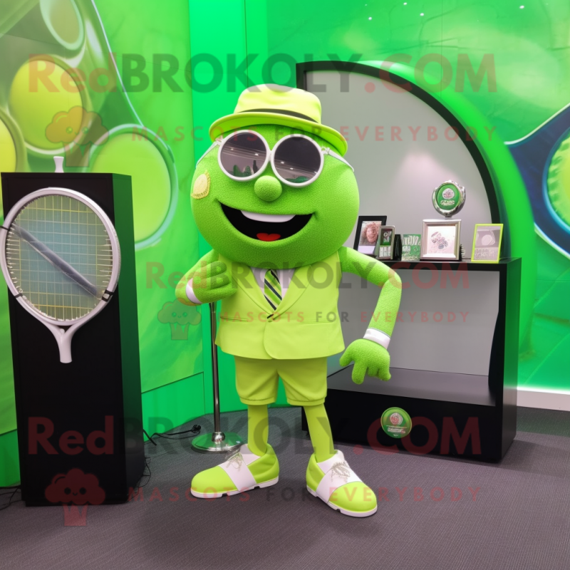 Lime Green Tennis Racket mascot costume character dressed with a Suit Jacket and Digital watches Lime Green Tennis Racket mascot costume character dressed with a Suit Jacket and Digital watches