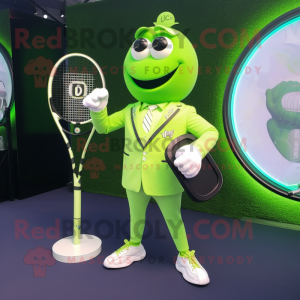 Lime Green Tennis Racket mascot costume character dressed with a Suit Jacket and Digital watches