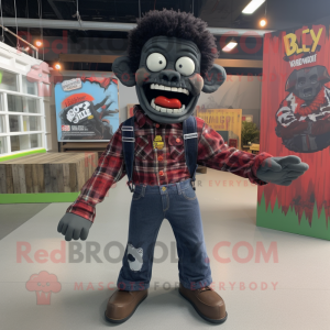 Black Zombie mascot costume character dressed with a Flannel Shirt and Bracelets