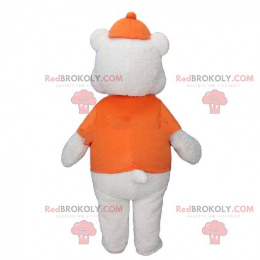 Mascote grande urso branco vestido de laranja com um boné -