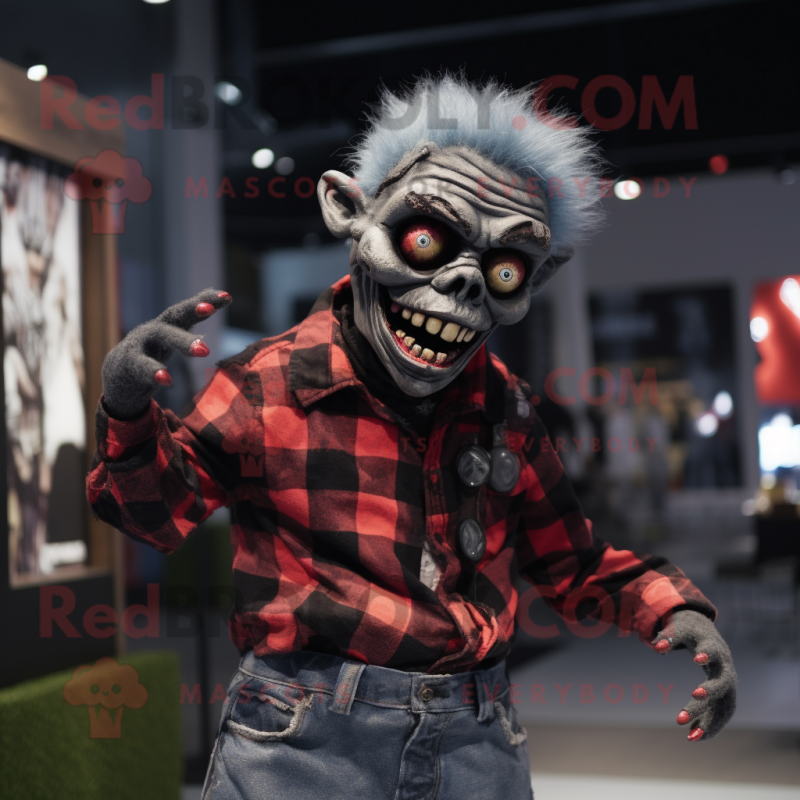 Black Zombie mascot costume character dressed with a Flannel Shirt and Bracelets Black Zombie mascot costume character dressed with a Flannel Shirt and Bracelets