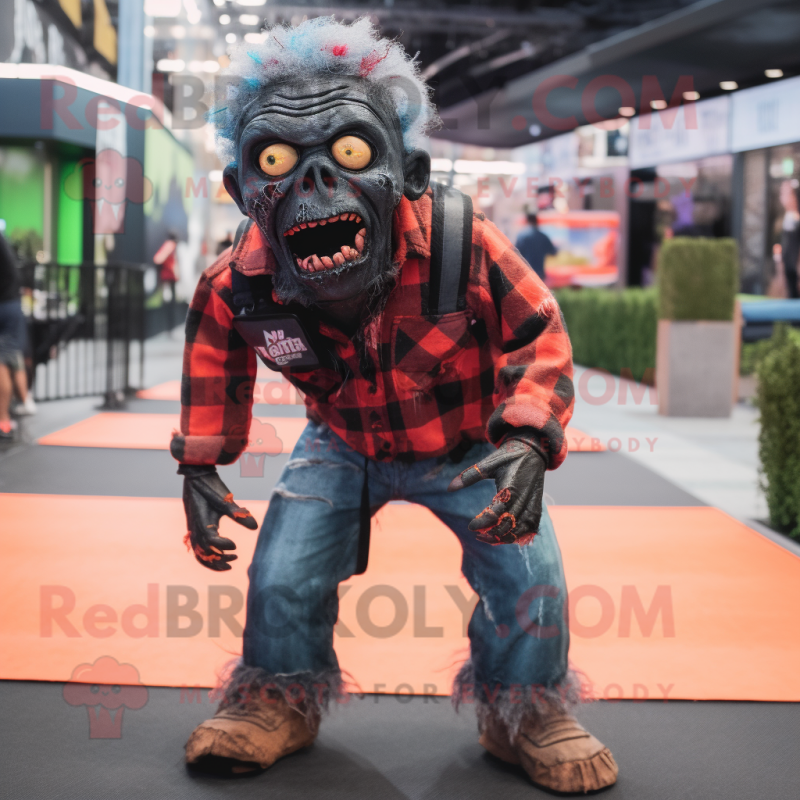 Black Zombie mascot costume character dressed with a Flannel Shirt and Bracelets Black Zombie mascot costume character dressed with a Flannel Shirt and Bracelets