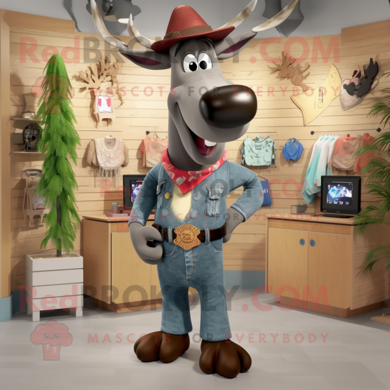 Gray Moose mascot costume character dressed with a Bootcut Jeans and Necklaces