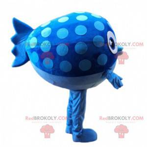 Mascotte pesce azzurro, carnoso e divertente, costume da grande