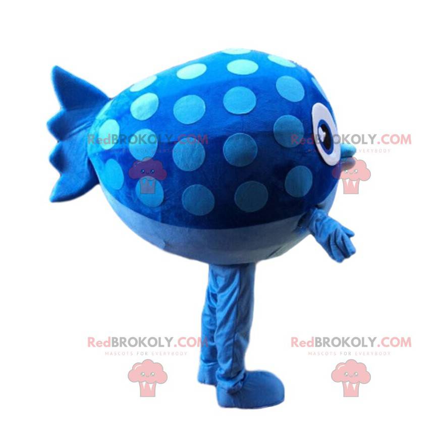 Mascote de peixe azul, gordo e engraçado, fantasia de peixe