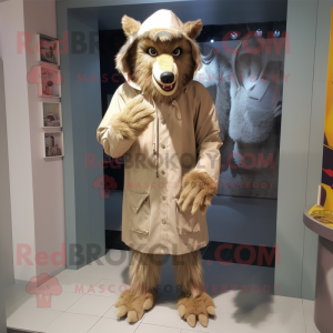 Beige Werewolf mascot costume character dressed with a Raincoat and Cummerbunds