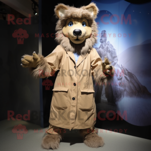 Beige Werewolf mascot costume character dressed with a Raincoat and Cummerbunds
