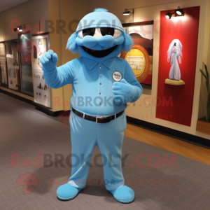 Sky Blue Jambalaya mascot costume character dressed with a V-Neck Tee and Cufflinks