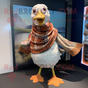 Tan Seagull mascot costume character dressed with a Flannel Shirt and Shawls