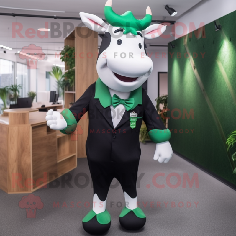 Forest Green Holstein Cow mascot costume character dressed with a Suit and Hair clips