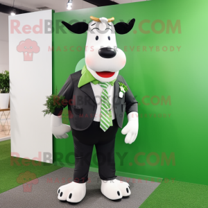 Forest Green Holstein Cow mascot costume character dressed with a Suit and Hair clips