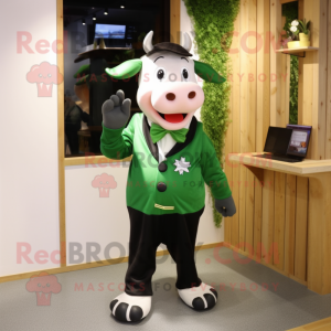 Forest Green Holstein Cow mascot costume character dressed with a Suit and Hair clips