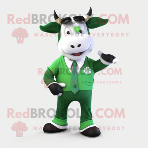 Forest Green Holstein Cow mascot costume character dressed with a Suit and Hair clips