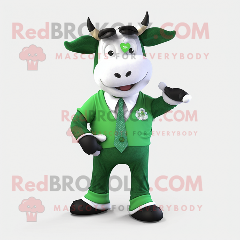 Forest Green Holstein Cow mascot costume character dressed with a Suit and Hair clips