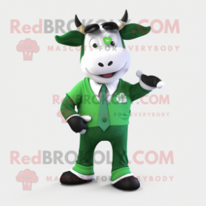 Forest Green Holstein Cow mascot costume character dressed with a Suit and Hair clips