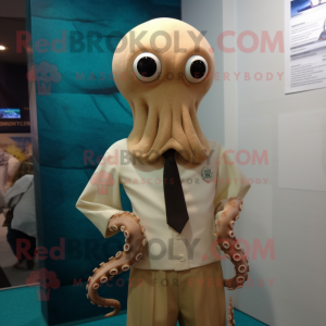 Beige Octopus mascot costume character dressed with a Dress Shirt and Cufflinks