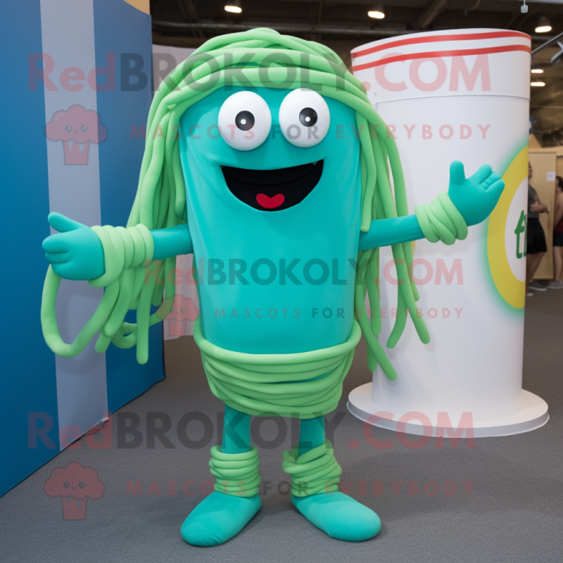 Cyan Pesto Pasta mascot costume character dressed with a Bodysuit and Bracelets