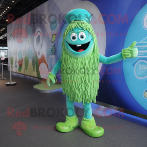 Cyan Pesto Pasta mascot costume character dressed with a Bodysuit and Bracelets