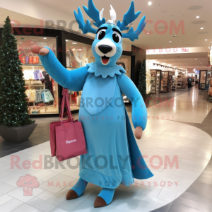 Sky Blue Elk mascot costume character dressed with a Evening Gown and Tote bags