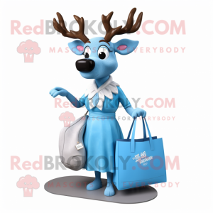 Sky Blue Elk mascot costume character dressed with a Evening Gown and Tote bags