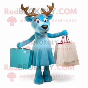 Sky Blue Elk mascot costume character dressed with a Evening Gown and Tote bags