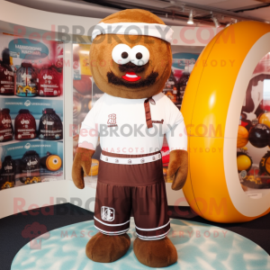 Brown Human Cannon Ball mascot costume character dressed with a Swimwear and Headbands