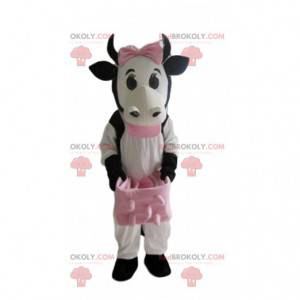 Mascotte mucca bianca, nera e rosa, costume da mucca -