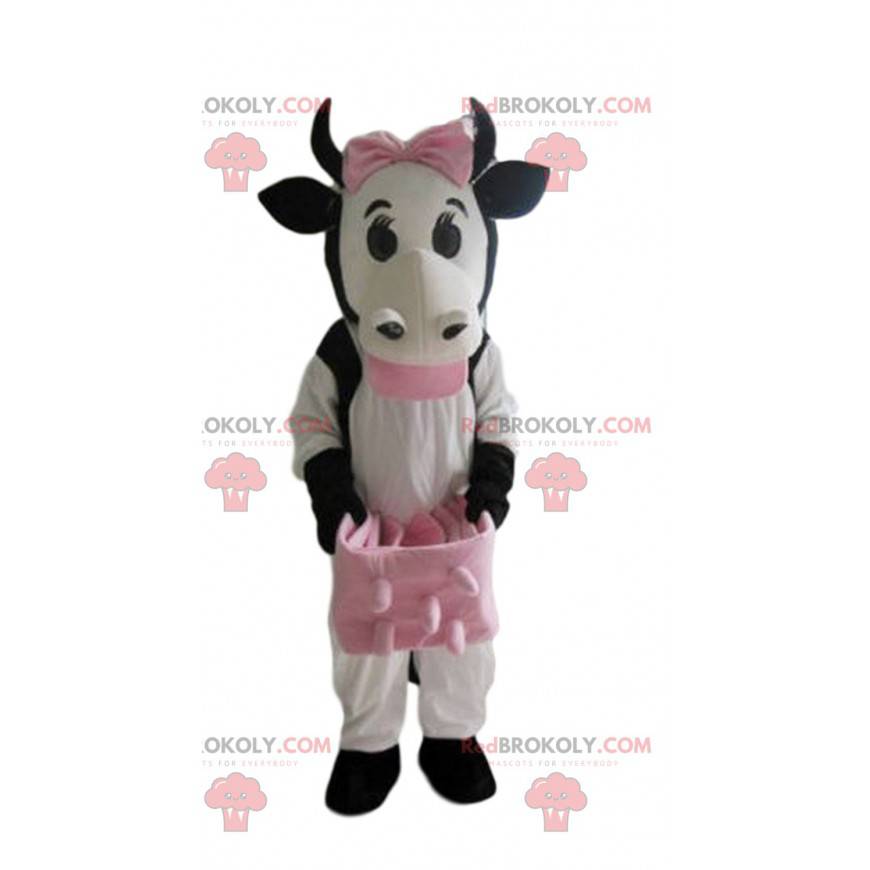 Mascote de vaca branca, preta e rosa, fantasia de vaca -