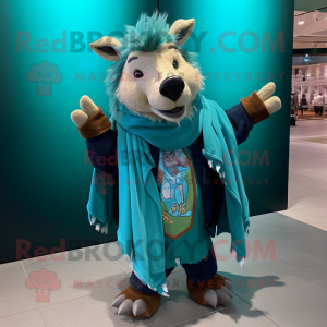 Teal Wild Boar mascot costume character dressed with a Long Sleeve Tee and Shawl pins