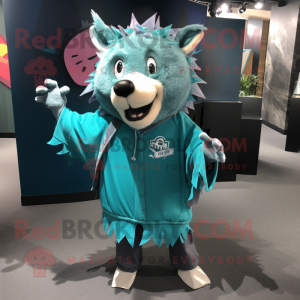 Teal Wild Boar mascot costume character dressed with a Long Sleeve Tee and Shawl pins