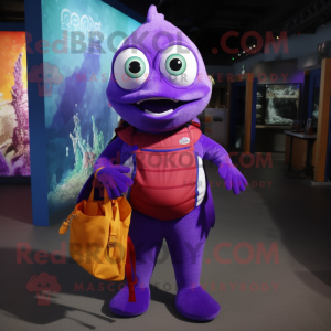 Purple Cod mascot costume character dressed with a Bodysuit and Tote bags