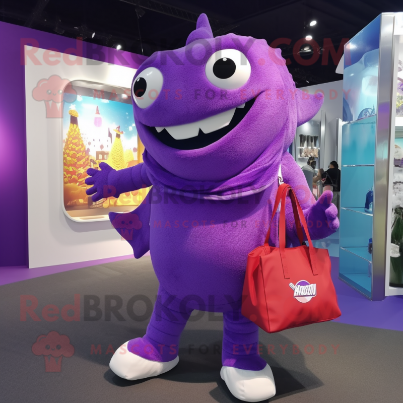 Purple Cod mascot costume character dressed with a Bodysuit and Tote bags Purple Cod mascot costume character dressed with a Bodysuit and Tote bags