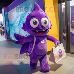 Purple Cod mascot costume character dressed with a Bodysuit and Tote bags