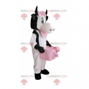 Mascotte mucca bianca, nera e rosa, costume da mucca -