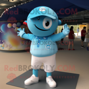 Sky Blue Petanque Ball mascot costume character dressed with a Joggers and Caps