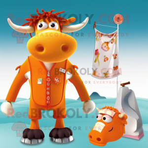 Orange Guernsey Cow mascot costume character dressed with a One-Piece Swimsuit and Scarf clips
