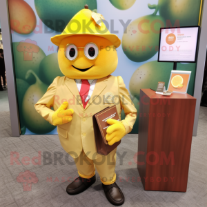 Gold Grapefruit mascot costume character dressed with a Dress Shirt and Wallets