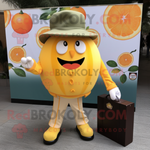 Gold Grapefruit mascot costume character dressed with a Dress Shirt and Wallets