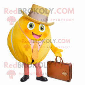 Gold Grapefruit mascot costume character dressed with a Dress Shirt and Wallets