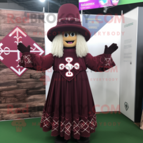 Maroon Celtic Cross mascot costume character dressed with a Maxi Dress and Hat pins