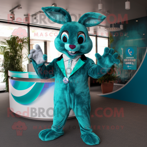 Teal Wild Rabbit mascot costume character dressed with a Suit and Rings