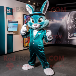 Teal Wild Rabbit mascot costume character dressed with a Suit and Rings