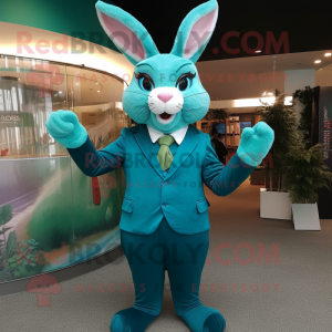 Teal Wild Rabbit mascot costume character dressed with a Suit and Rings