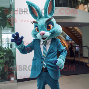 Teal Wild Rabbit mascot costume character dressed with a Suit and Rings
