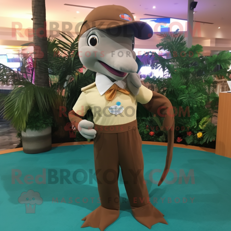 Brown Dolphin mascot costume character dressed with a Dress Pants and Brooches