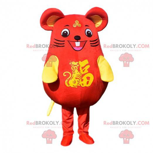Very smiling red and yellow mouse mascot. Asian costume -