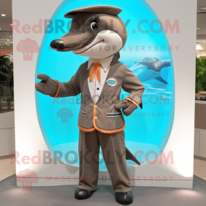 Brown Dolphin mascot costume character dressed with a Dress Pants and Brooches